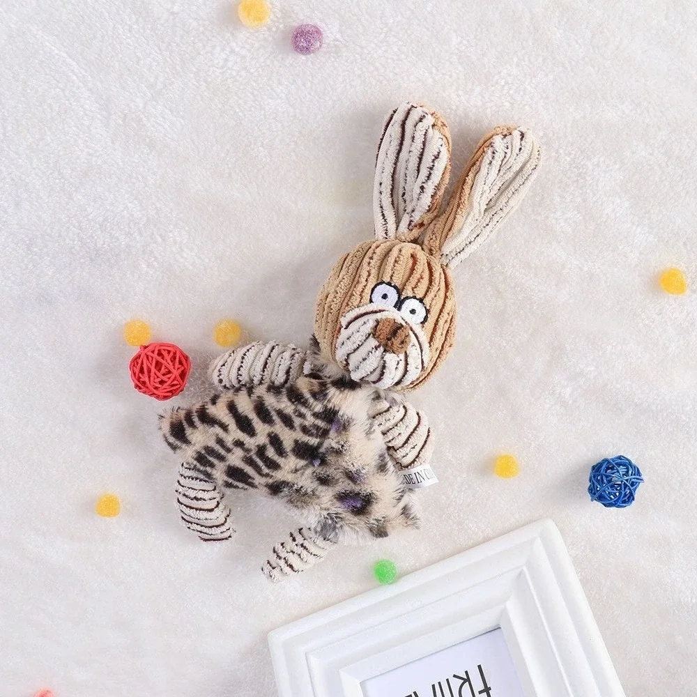 Squeaky Dog Toy Rabbit Plush Leopard Print Corduroy Molar Chew Toy for Pets